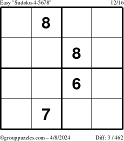 The grouppuzzles.com Easy Sudoku-4-5678 puzzle for Monday April 8, 2024