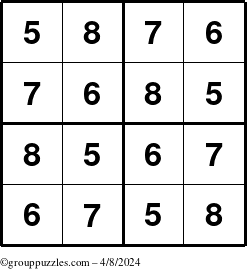 The grouppuzzles.com Answer grid for the Sudoku-4-5678 puzzle for Monday April 8, 2024