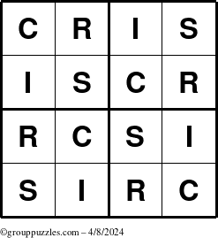 The grouppuzzles.com Answer grid for the Cris puzzle for Monday April 8, 2024
