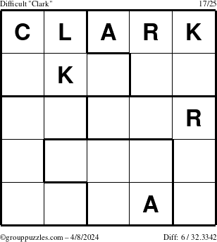 The grouppuzzles.com Difficult Clark puzzle for Monday April 8, 2024