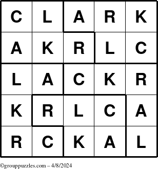 The grouppuzzles.com Answer grid for the Clark puzzle for Monday April 8, 2024