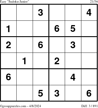 The grouppuzzles.com Easy Sudoku-Junior puzzle for Monday April 8, 2024