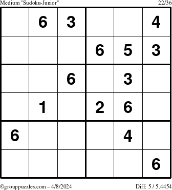The grouppuzzles.com Medium Sudoku-Junior puzzle for Monday April 8, 2024