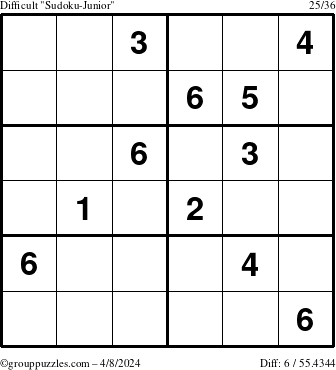The grouppuzzles.com Difficult Sudoku-Junior puzzle for Monday April 8, 2024