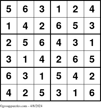 The grouppuzzles.com Answer grid for the Sudoku-Junior puzzle for Monday April 8, 2024