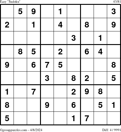The grouppuzzles.com Easy Sudoku puzzle for Monday April 8, 2024