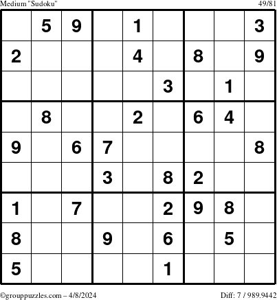The grouppuzzles.com Medium Sudoku puzzle for Monday April 8, 2024