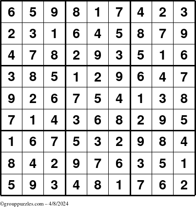 The grouppuzzles.com Answer grid for the Sudoku puzzle for Monday April 8, 2024