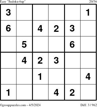 The grouppuzzles.com Easy Sudoku-6up puzzle for Friday April 5, 2024
