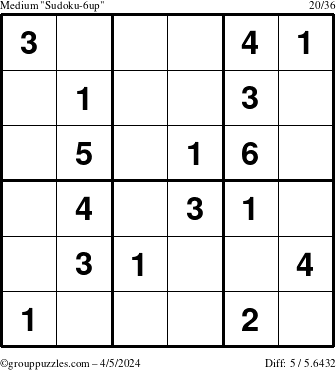The grouppuzzles.com Medium Sudoku-6up puzzle for Friday April 5, 2024