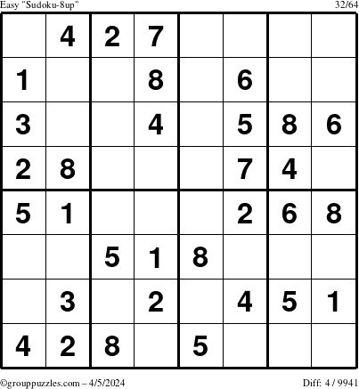 The grouppuzzles.com Easy Sudoku-8up puzzle for Friday April 5, 2024