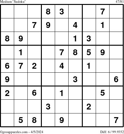 The grouppuzzles.com Medium Sudoku puzzle for Friday April 5, 2024
