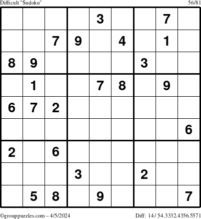The grouppuzzles.com Difficult Sudoku puzzle for Friday April 5, 2024