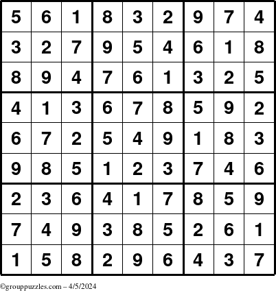 The grouppuzzles.com Answer grid for the Sudoku puzzle for Friday April 5, 2024