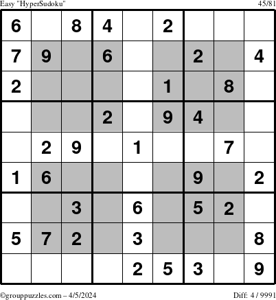 The grouppuzzles.com Easy HyperSudoku puzzle for Friday April 5, 2024
