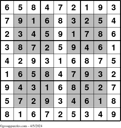 The grouppuzzles.com Answer grid for the HyperSudoku puzzle for Friday April 5, 2024
