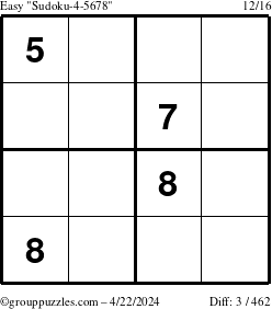 The grouppuzzles.com Easy Sudoku-4-5678 puzzle for Monday April 22, 2024