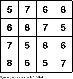 The grouppuzzles.com Answer grid for the Sudoku-4-5678 puzzle for Monday April 22, 2024