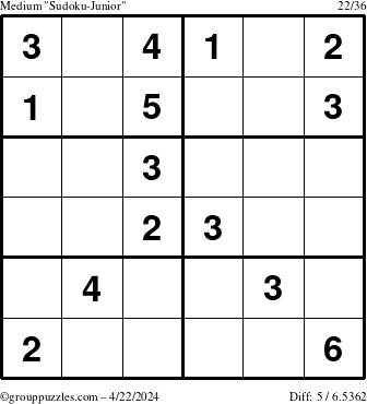 The grouppuzzles.com Medium Sudoku-Junior puzzle for Monday April 22, 2024