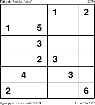 The grouppuzzles.com Difficult Sudoku-Junior puzzle for Monday April 22, 2024