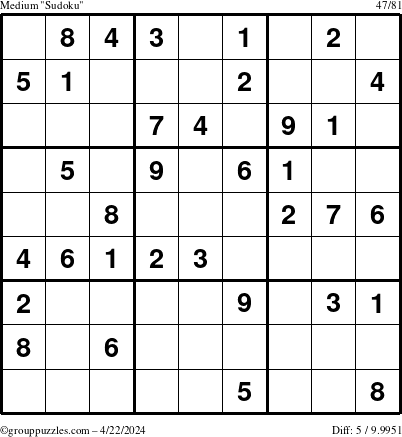 The grouppuzzles.com Medium Sudoku puzzle for Monday April 22, 2024