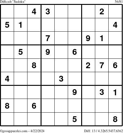The grouppuzzles.com Difficult Sudoku puzzle for Monday April 22, 2024