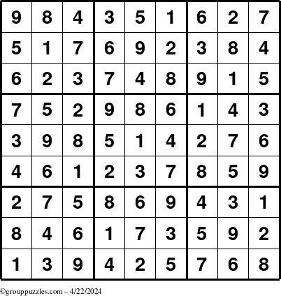 The grouppuzzles.com Answer grid for the Sudoku puzzle for Monday April 22, 2024