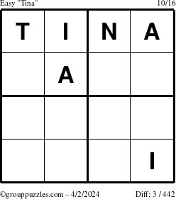 The grouppuzzles.com Easy Tina puzzle for Tuesday April 2, 2024