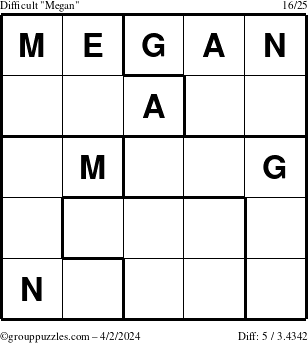 The grouppuzzles.com Difficult Megan puzzle for Tuesday April 2, 2024