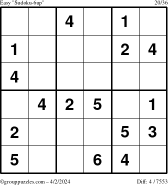 The grouppuzzles.com Easy Sudoku-6up puzzle for Tuesday April 2, 2024