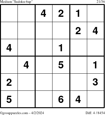 The grouppuzzles.com Medium Sudoku-6up puzzle for Tuesday April 2, 2024