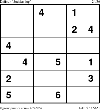 The grouppuzzles.com Difficult Sudoku-6up puzzle for Tuesday April 2, 2024
