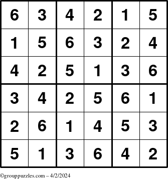 The grouppuzzles.com Answer grid for the Sudoku-6up puzzle for Tuesday April 2, 2024