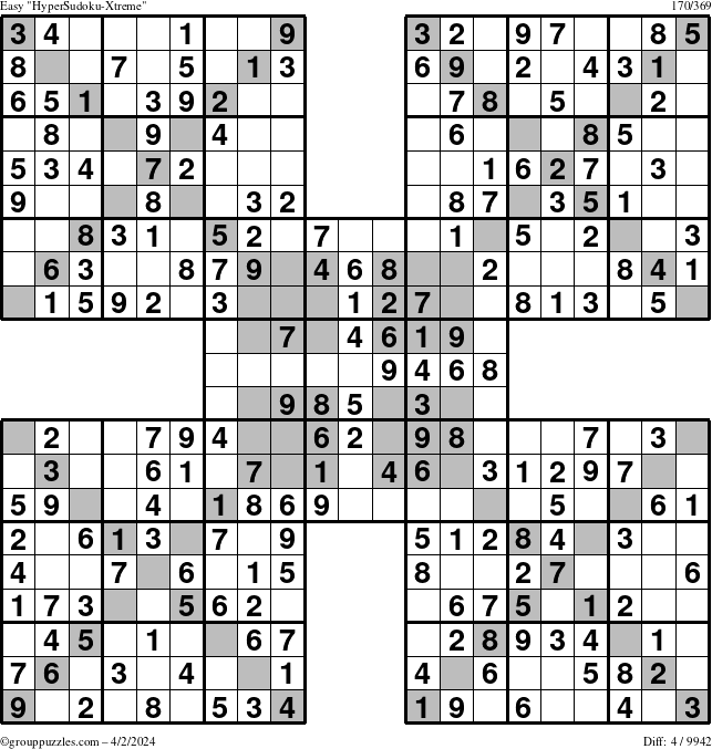 The grouppuzzles.com Easy HyperSudoku-Xtreme puzzle for Tuesday April 2, 2024