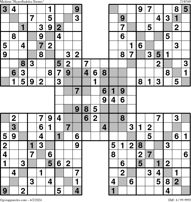 The grouppuzzles.com Medium HyperSudoku-Xtreme puzzle for Tuesday April 2, 2024