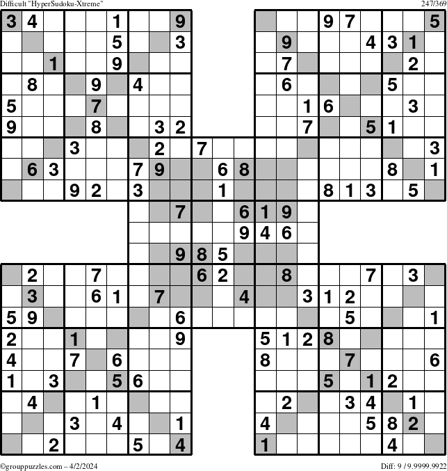 The grouppuzzles.com Difficult HyperSudoku-Xtreme puzzle for Tuesday April 2, 2024