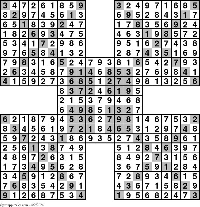 The grouppuzzles.com Answer grid for the HyperSudoku-Xtreme puzzle for Tuesday April 2, 2024
