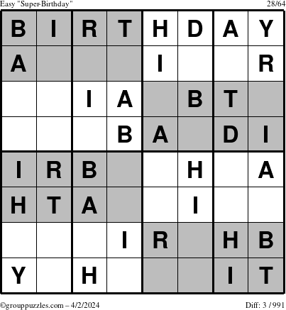 The grouppuzzles.com Easy Super-Birthday puzzle for Tuesday April 2, 2024