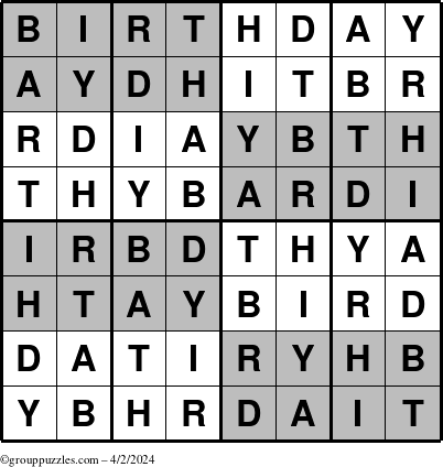 The grouppuzzles.com Answer grid for the Super-Birthday puzzle for Tuesday April 2, 2024