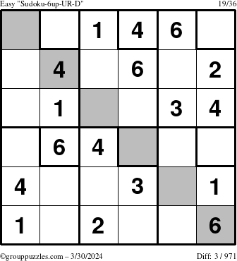 The grouppuzzles.com Easy Sudoku-6up-UR-D puzzle for Saturday March 30, 2024