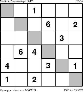 The grouppuzzles.com Medium Sudoku-6up-UR-D puzzle for Saturday March 30, 2024