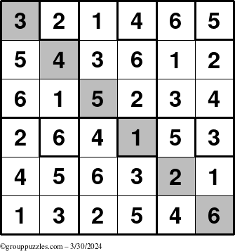The grouppuzzles.com Answer grid for the Sudoku-6up-UR-D puzzle for Saturday March 30, 2024