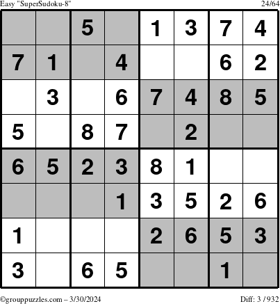 The grouppuzzles.com Easy SuperSudoku-8 puzzle for Saturday March 30, 2024