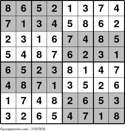 The grouppuzzles.com Answer grid for the SuperSudoku-8 puzzle for Saturday March 30, 2024