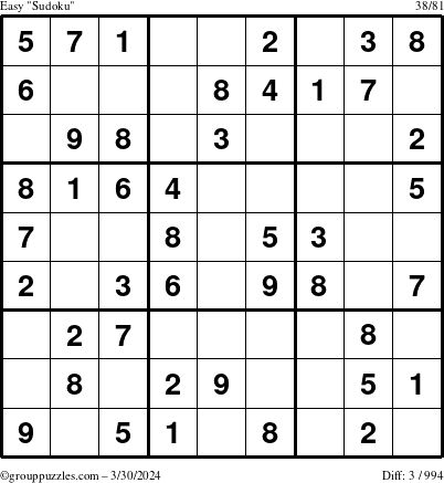 The grouppuzzles.com Easy Sudoku puzzle for Saturday March 30, 2024