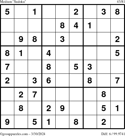 The grouppuzzles.com Medium Sudoku puzzle for Saturday March 30, 2024