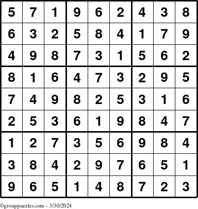The grouppuzzles.com Answer grid for the Sudoku puzzle for Saturday March 30, 2024