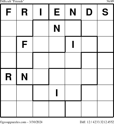 The grouppuzzles.com Difficult Friends puzzle for Saturday March 30, 2024