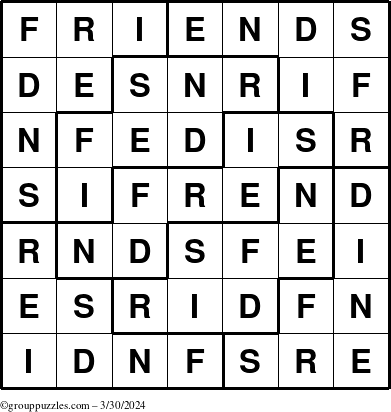 The grouppuzzles.com Answer grid for the Friends puzzle for Saturday March 30, 2024