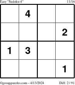 The grouppuzzles.com Easy Sudoku-4 puzzle for Saturday April 13, 2024